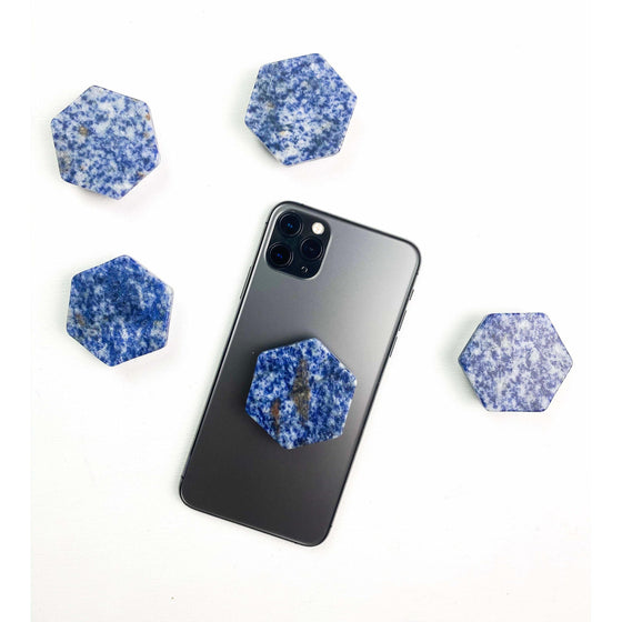 Blue Spot Jasper Hexagon Custom Crystal Phone Stand.