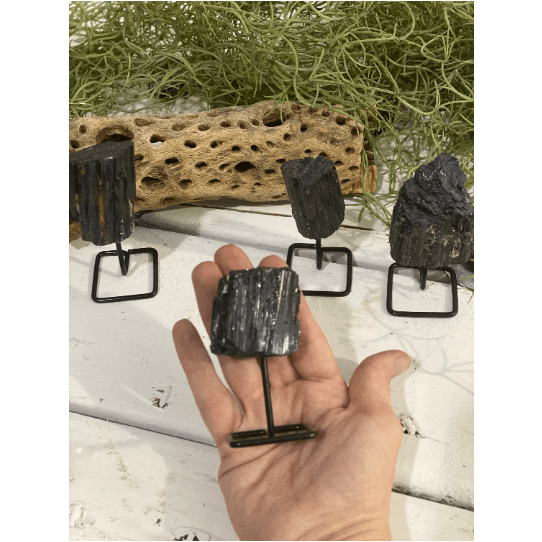 Black Tourmaline on a Pin Stand | Natural Crystal on Metal Stand.
