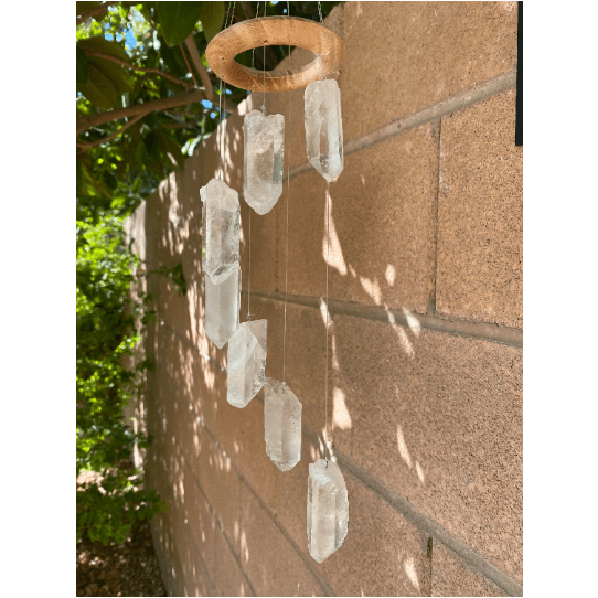 Clear Quartz Hanger | Rustic Neutral Wood Crystal Garland Chime.