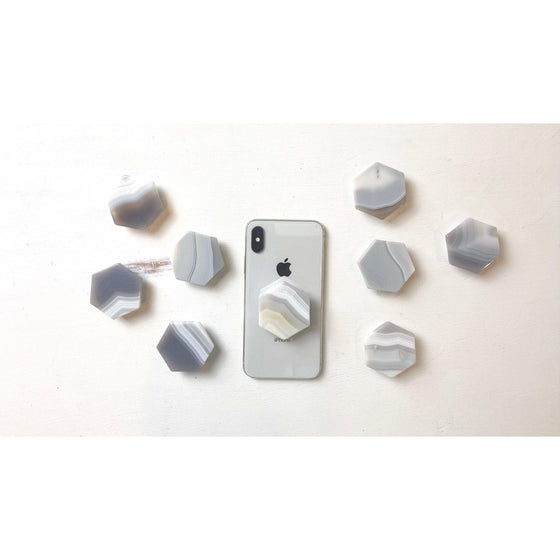 GREY NEUTRAL Agate Hexagon Custom Crystal Phone Stand (natural gemstone).