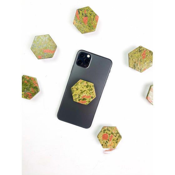 Unakite Hexagon Crystal Phone Stand (Natural Gemstone).