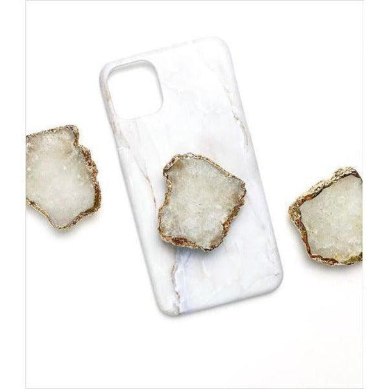 White/Clear Quartz Crystal with Gold Rim Phone Stand (Natural Gemstone).